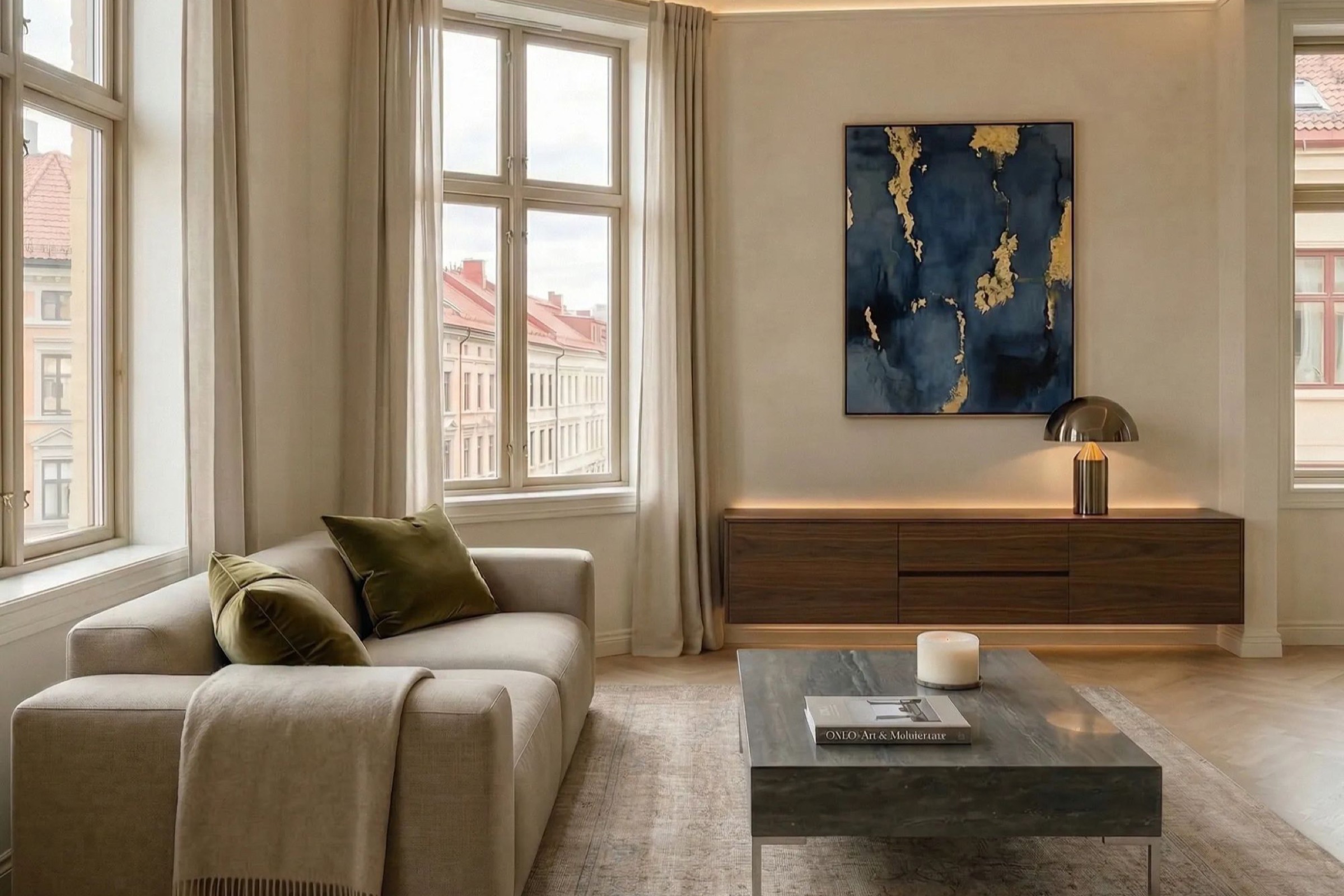 Bright Scandinavian apartment living room with classic sekelskifte windows