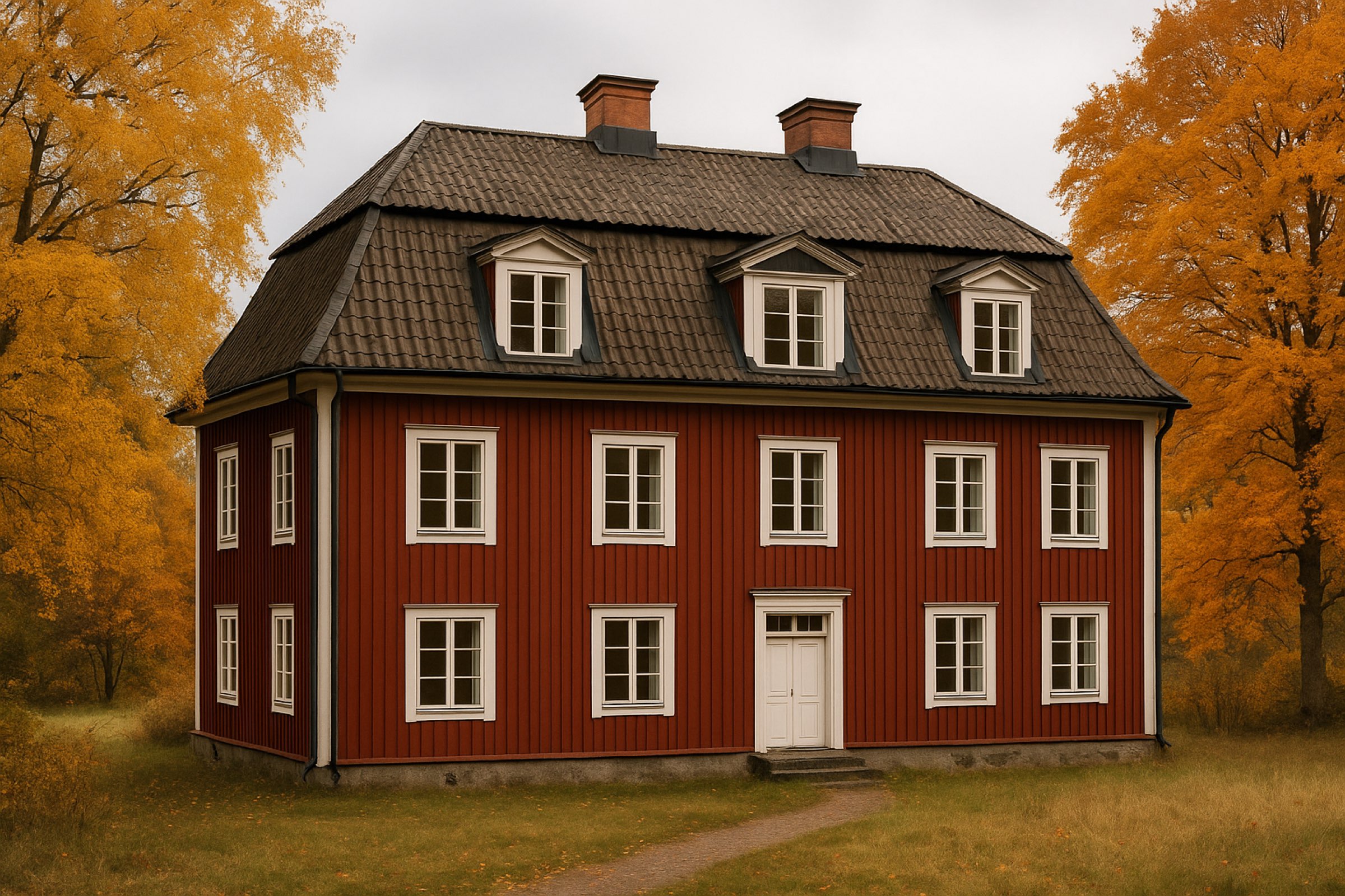 Classic red Swedish timber house with mansard roof in autumn