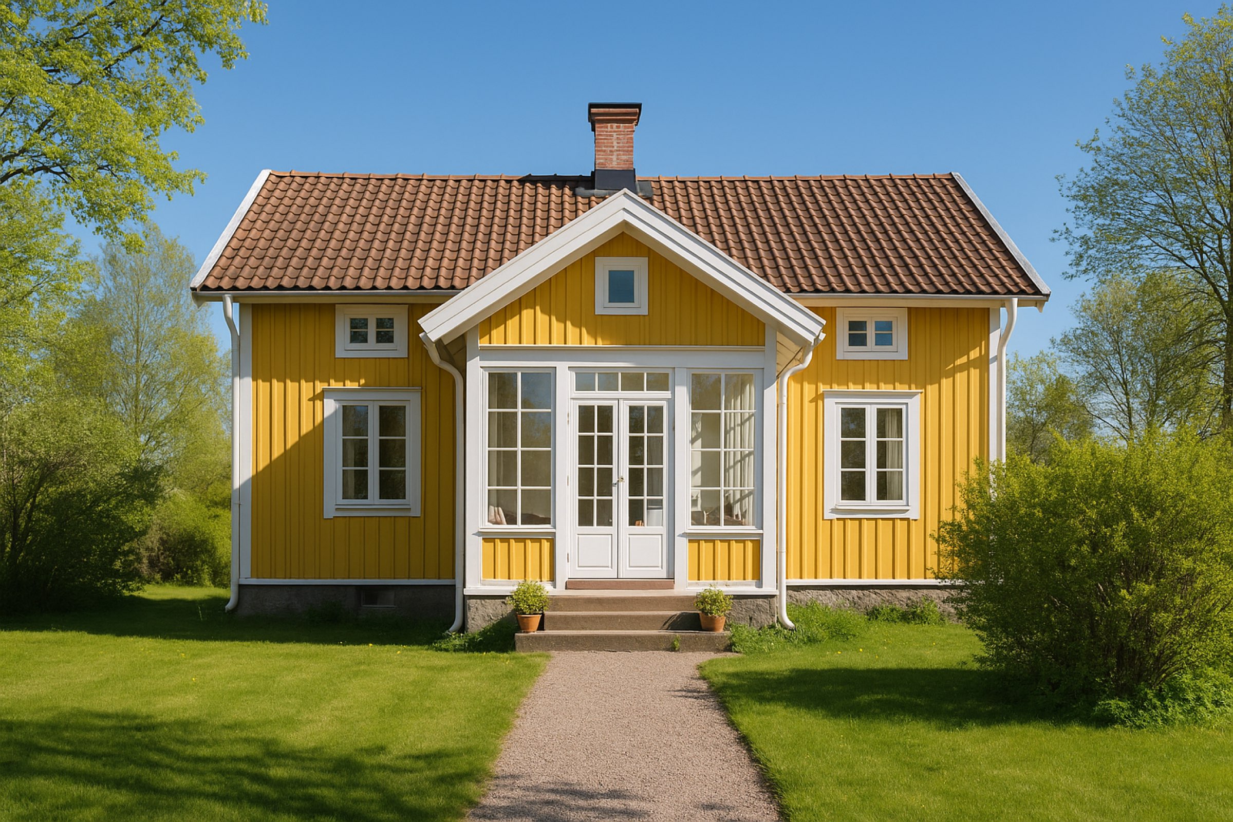 Bright yellow Swedish wooden house with white trim in spring