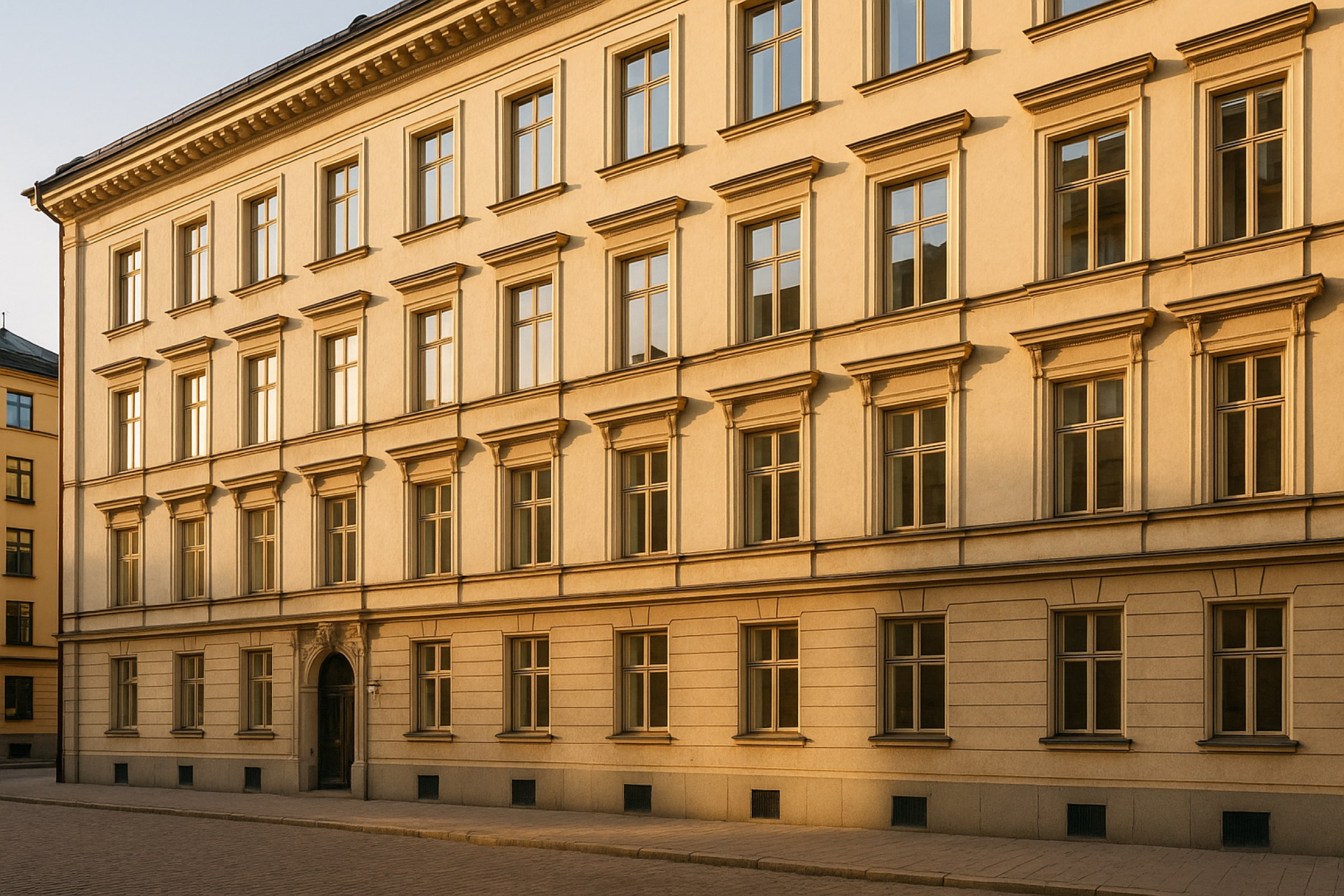 Elegant classic Stockholm stucco apartment facade at golden hour